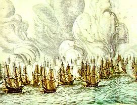 Combate entre navios holandeses e portugueses.