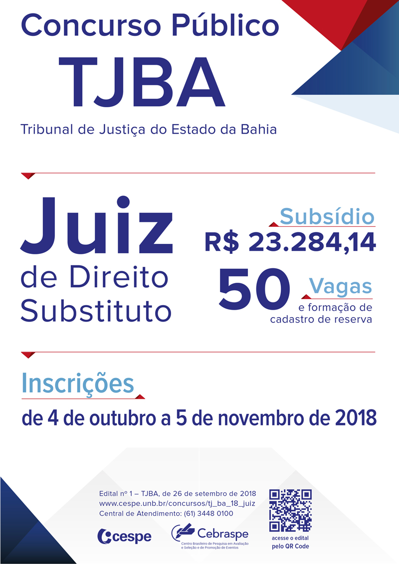 Inscrições para concurso 2018 de Juiz Substituto do TJBA iniciam nesta quinta-feira (04)