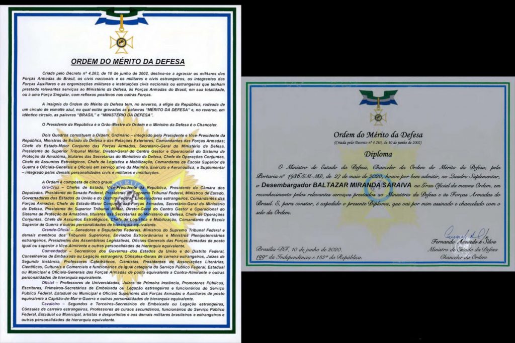 Desembargador Baltazar Miranda Saraiva recebe a Ordem do Mérito da Defesa e compartilha com todos os integrantes do PJBA  