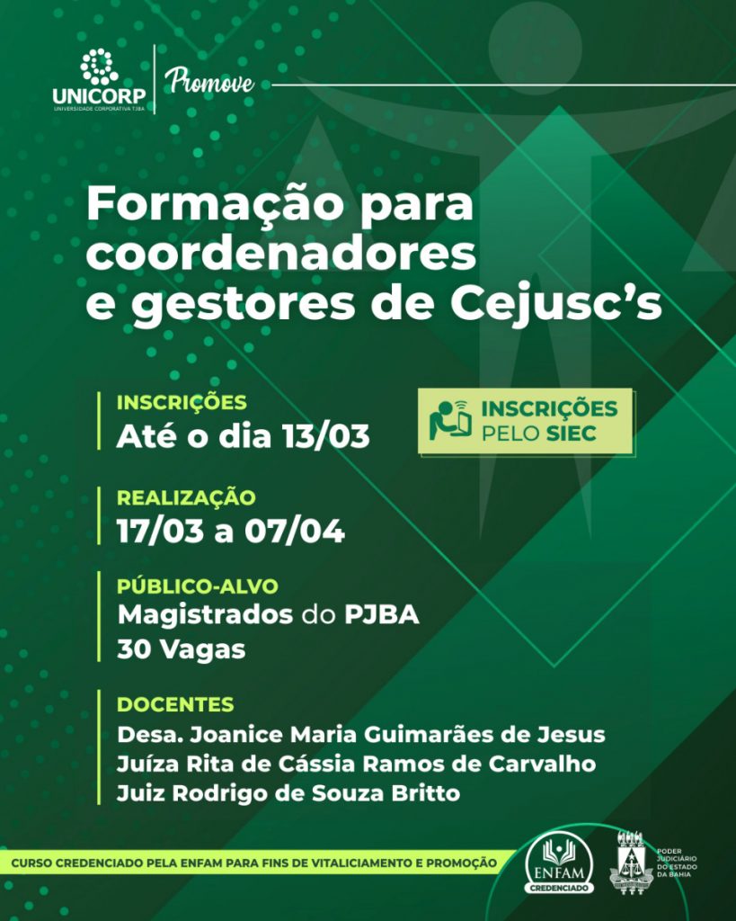 Inscrições para o curso "Formação para coordenadores e gestores de Cejusc's" encerram-se no próximo dia 13/03  