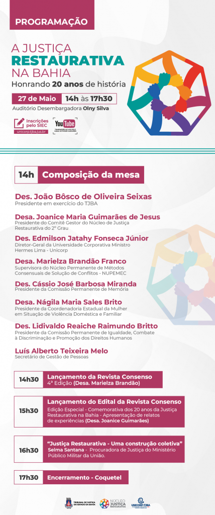 Judiciário baiano celebra 20 anos da implementação da Justiça Restaurativa com evento nesta terça (27/5); inscrição é gratuita e aberta ao púbico  