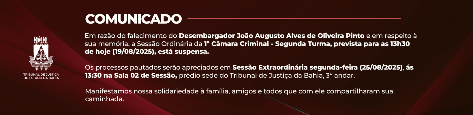 Imagem de banner com título COMUNICADO 1A CAMERA CRIMINAL 2A TURMA