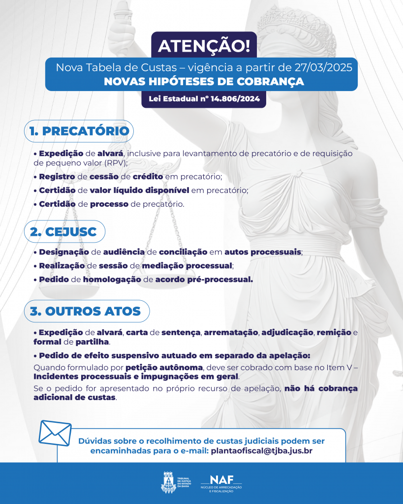 Novas regras da Tabela de Custas do TJBA elenca atos judiciais gratuitos
