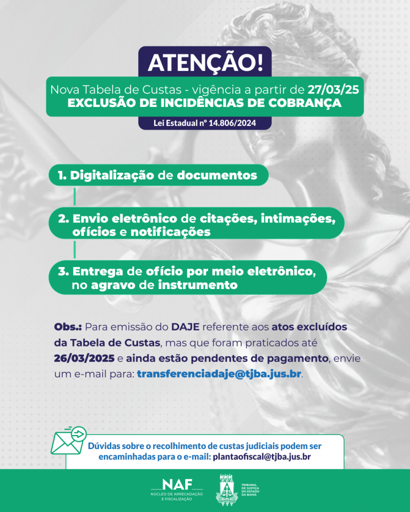 Novas regras da Tabela de Custas do TJBA elenca atos judiciais gratuitos
