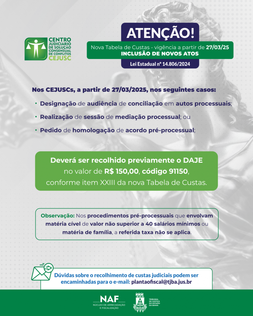Novas regras da Tabela de Custas do TJBA elenca atos judiciais gratuitos