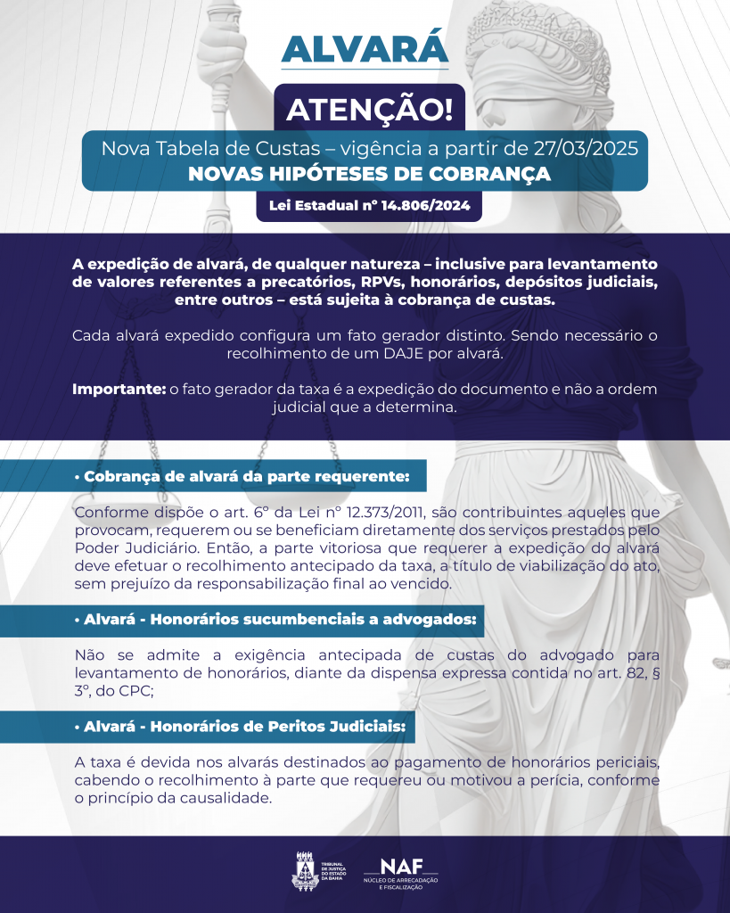Novas regras da Tabela de Custas do TJBA elenca atos judiciais gratuitos