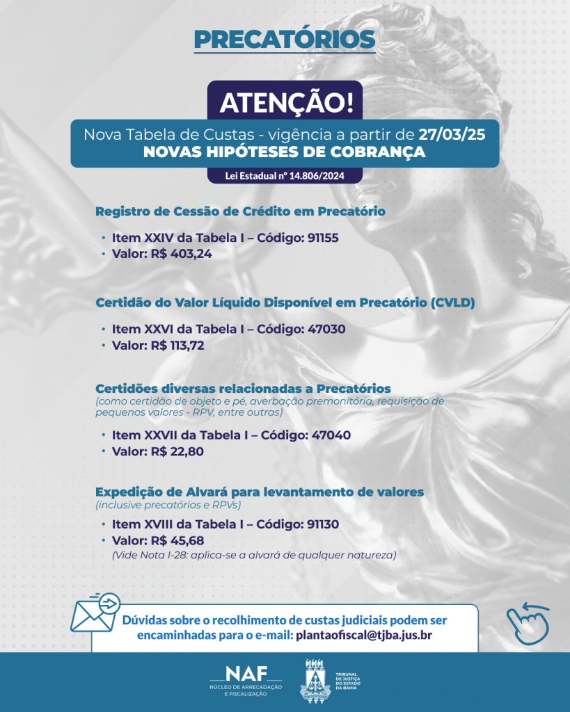 Novas regras da Tabela de Custas do TJBA elenca atos judiciais gratuitos