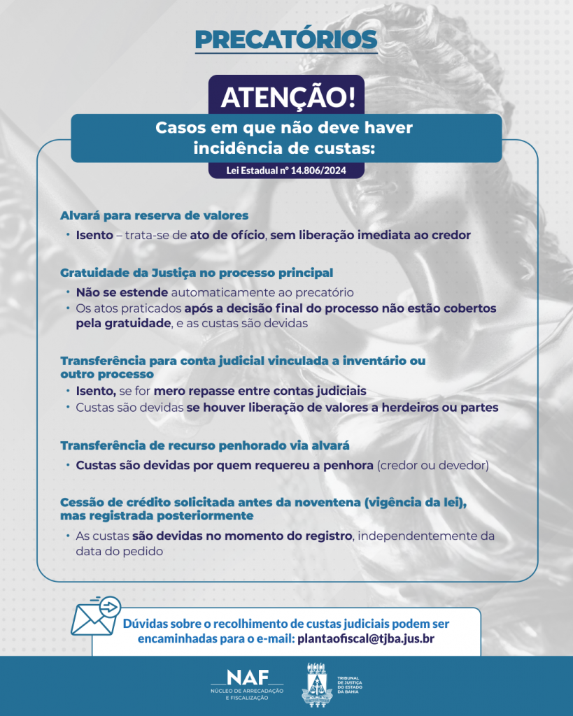 Novas regras da Tabela de Custas do TJBA elenca atos judiciais gratuitos