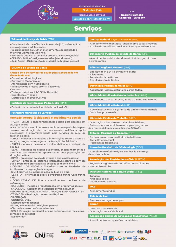 Mutirão PopRuaJud Bahia começa nesta quarta-feira (22), com atendimentos e serviços gratuitos para a população em situação de rua   