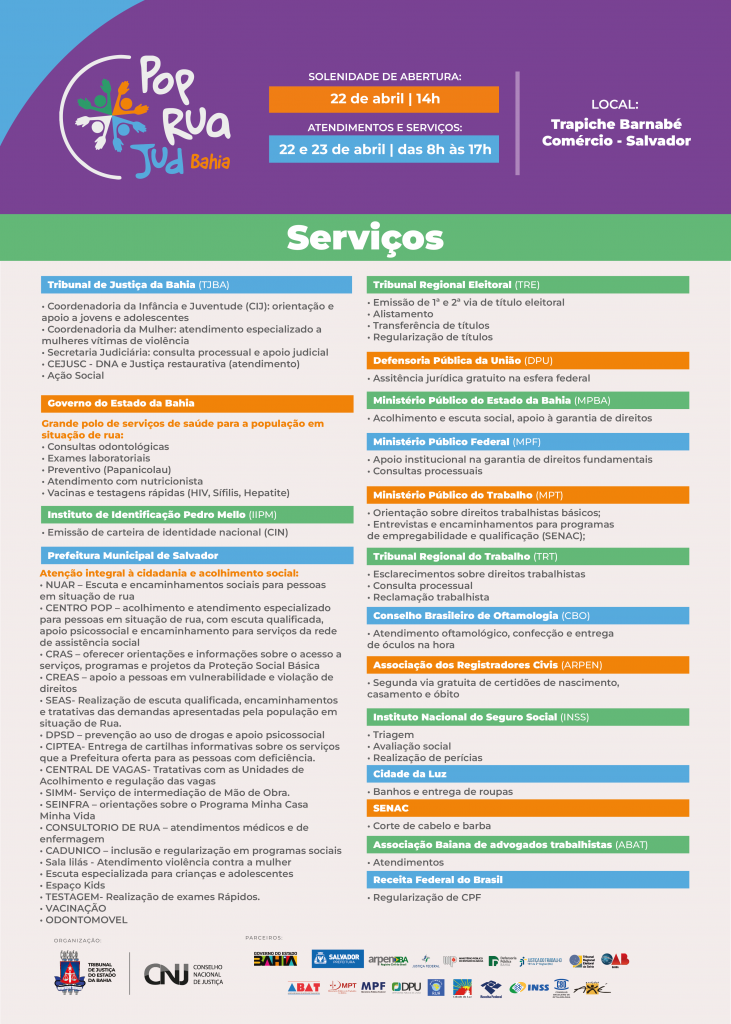2º Mutirão PopRuaJud Bahia amplia serviços e será realizado nos dias 22 e 23 de abril em Salvador; confira as novidades   