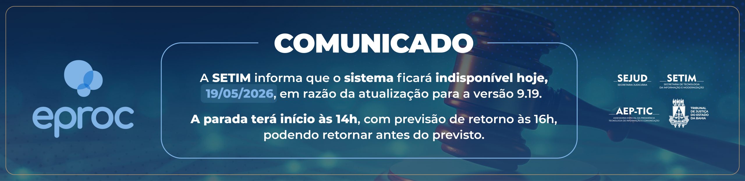Imagem de banner com título Comunicado Eproc – 19-05-26