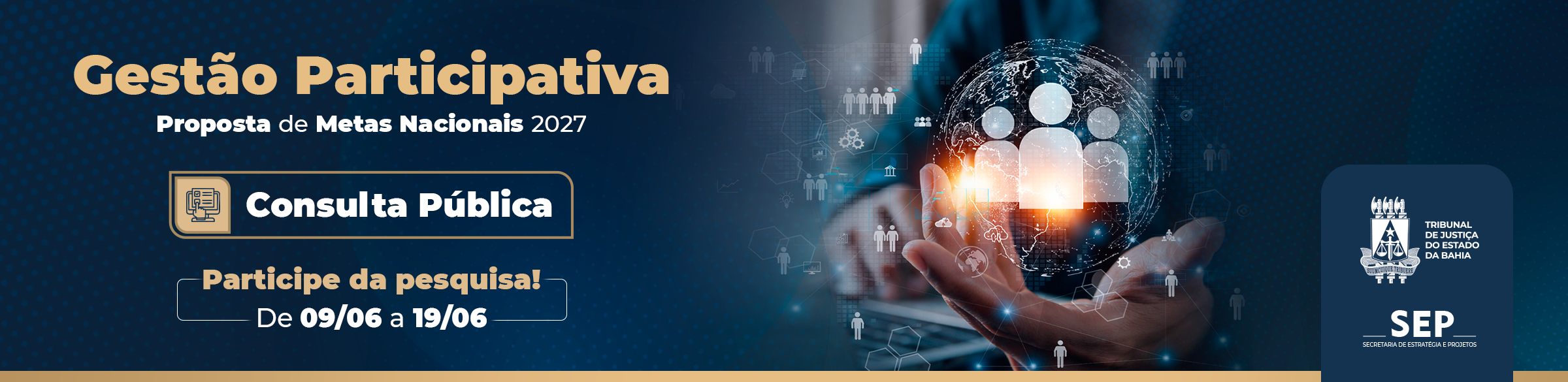 Imagem de banner com título Gestão Participativa – Pesquisa 2026