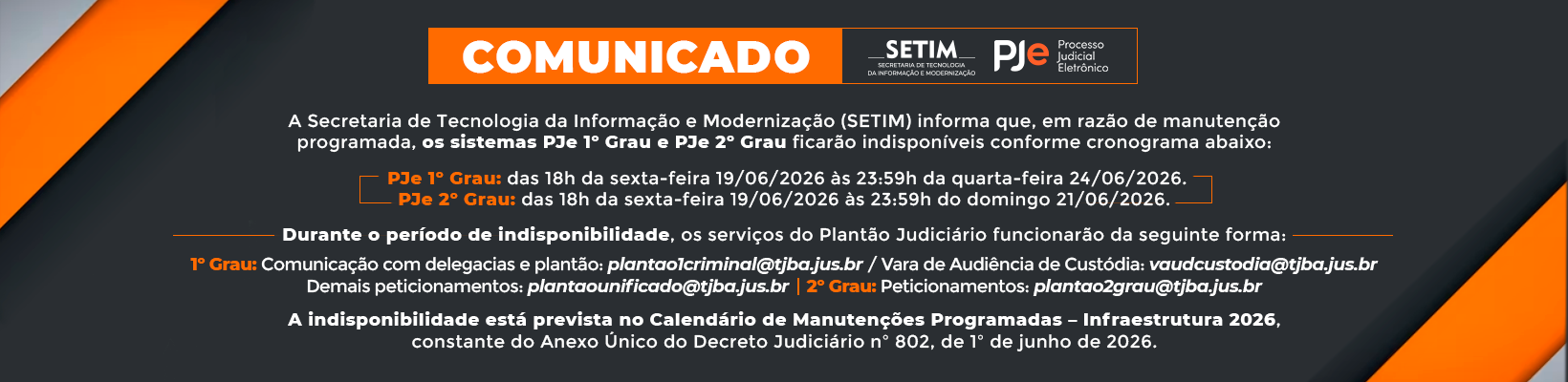Imagem de banner com título PJe – Manutenção Programada (19/06 a 24/06/2026)