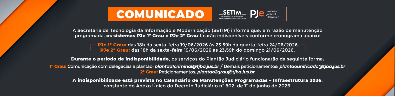 Imagem de banner com título PJe – Manutenção Programada (19/06 a 24/06/2026)