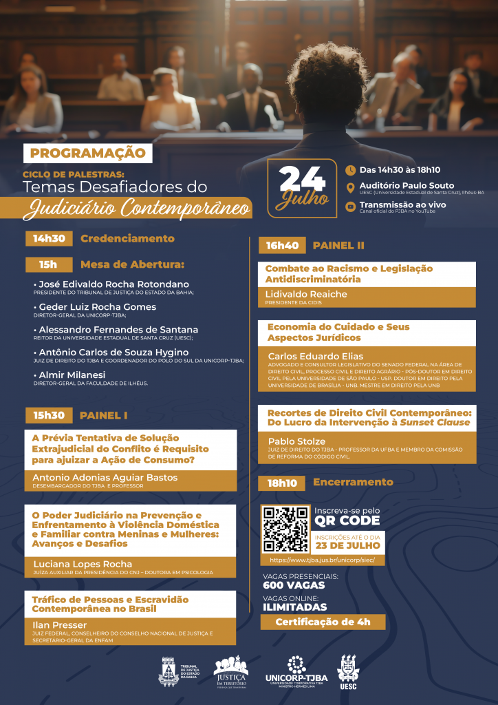 Ciclo de Palestras:  na 2ª edição do Projeto Justiça em Território, TJBA abre inscrições gratuitas para tratar sobre desafios contemporâneos do sistema de Justiça    