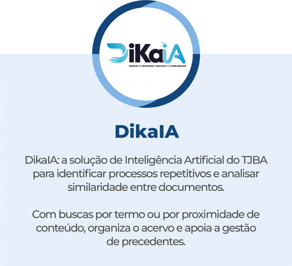 Banner do DikaIA, solução de Inteligência Artificial do Tribunal de Justiça da Bahia para identificação de processos repetidos e análise de similaridade entre documentos, com recursos de busca por termo ou por proximidade de conteúdo para organização do acervo e apoio à gestão de precedentes.